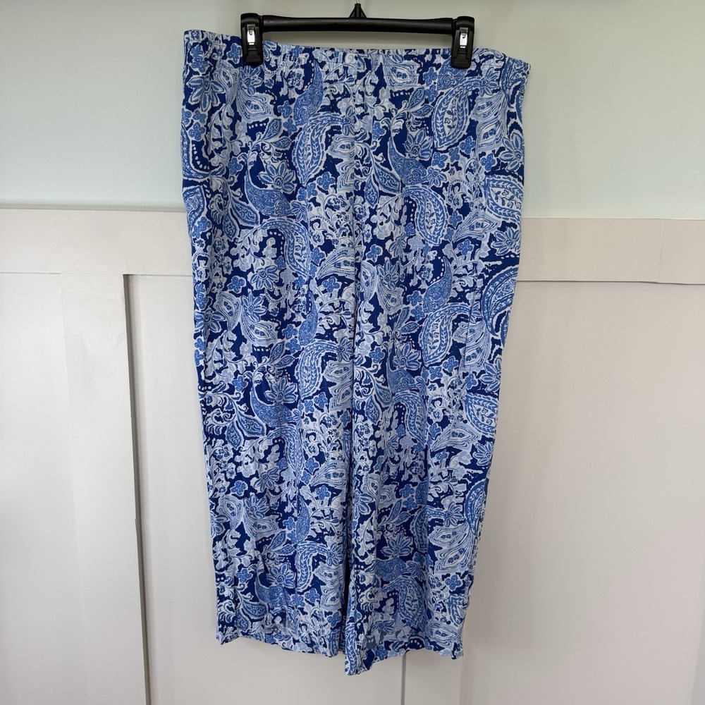 J. Jill Pull On Pants XL Blue Paisley Cropped Coastal Grandma Beach Lounge